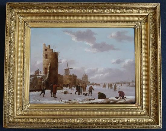 Mid 19th century Dutch School Skaters in a winter landscape 13 x 18in.